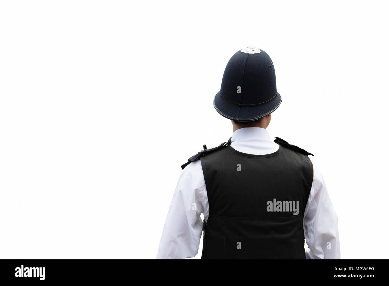 London Metropolitan Police Officer. Ansicht von hinten. Hüften an aufwärts. Auf Weiß isoliert. Stockfoto