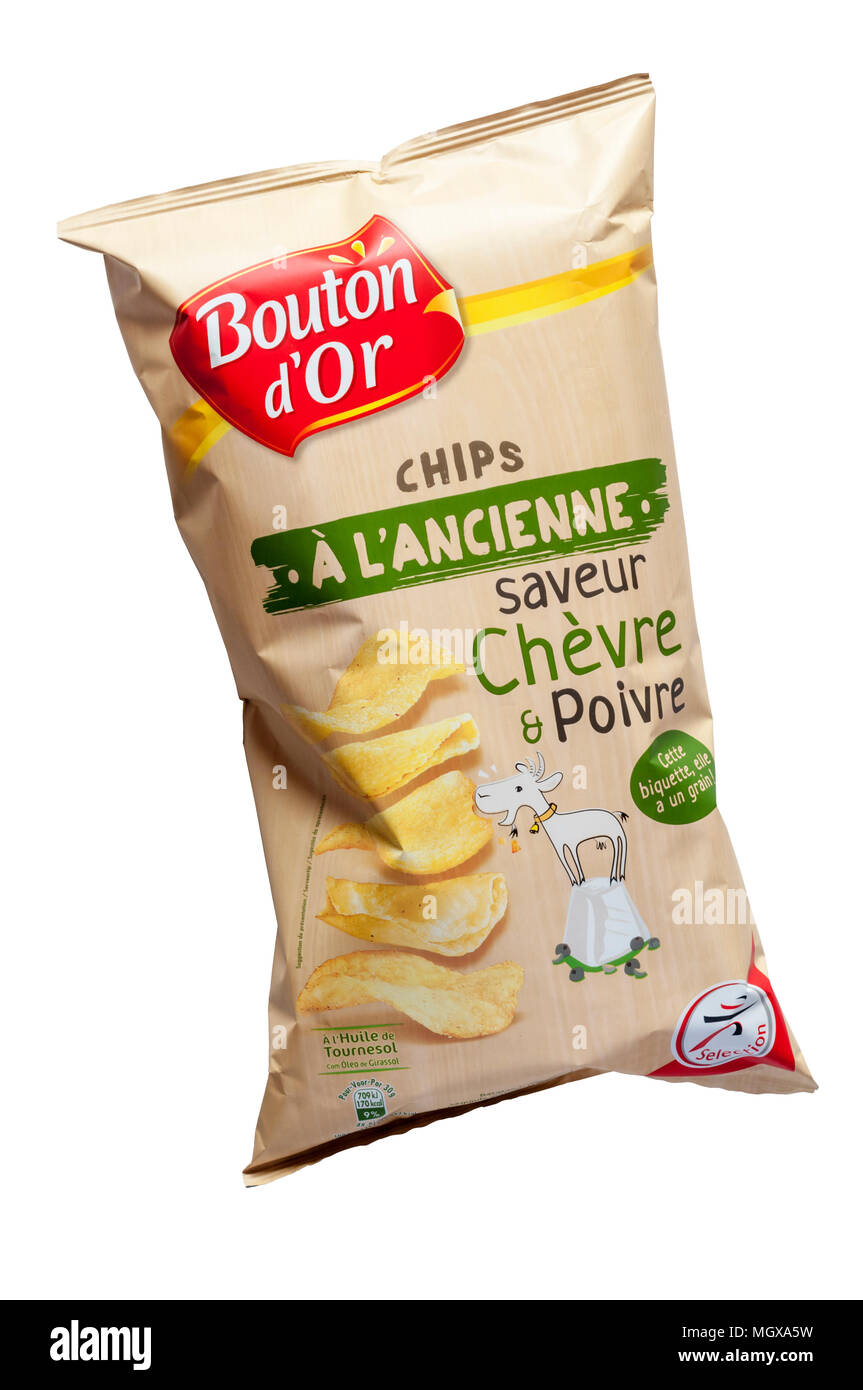 Ein Paket der Französischen Chevre & Poivre oder Ziegenkäse & Paprika gewürzte Kartoffelchips. Stockfoto