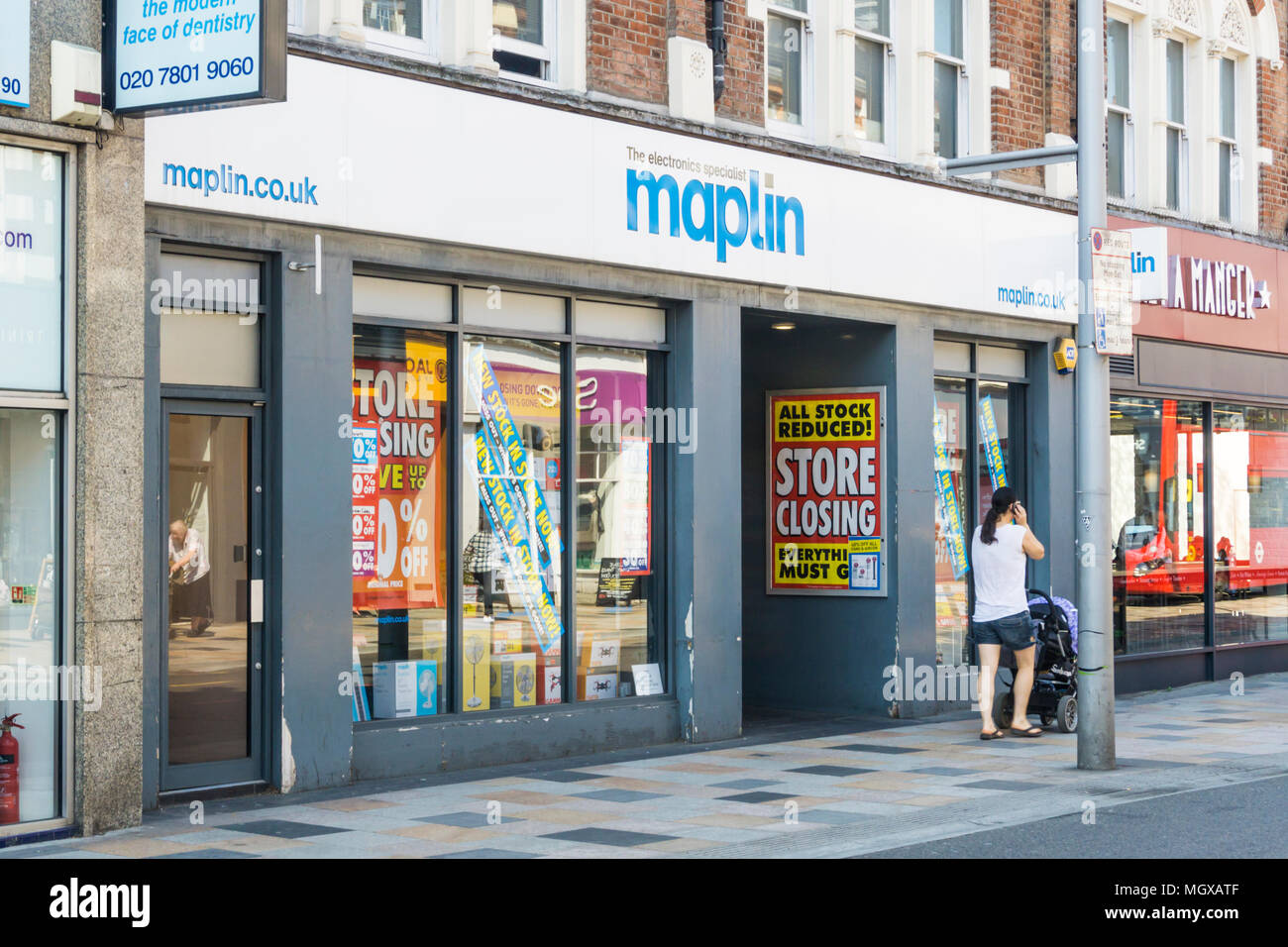 Die Schließung Maplin Electronics shop in Clapham Junction im Süden Londons. Stockfoto