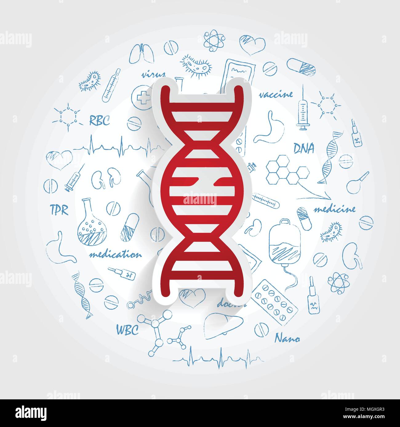 Symbole für medizinischen Spezialitäten. Gerontologie und defekte DNA-Konzept. Vector Illustration mit Hand gezeichnet Medizin Doodle. Stock Vektor