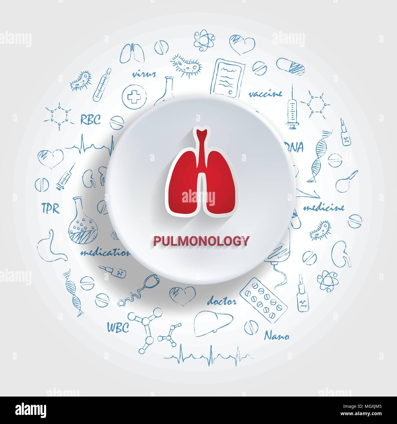 Symbole für medizinischen Spezialitäten. Lungenheilkunde Konzept. Vector Illustration mit Hand gezeichnet Medizin Doodle. Stock Vektor