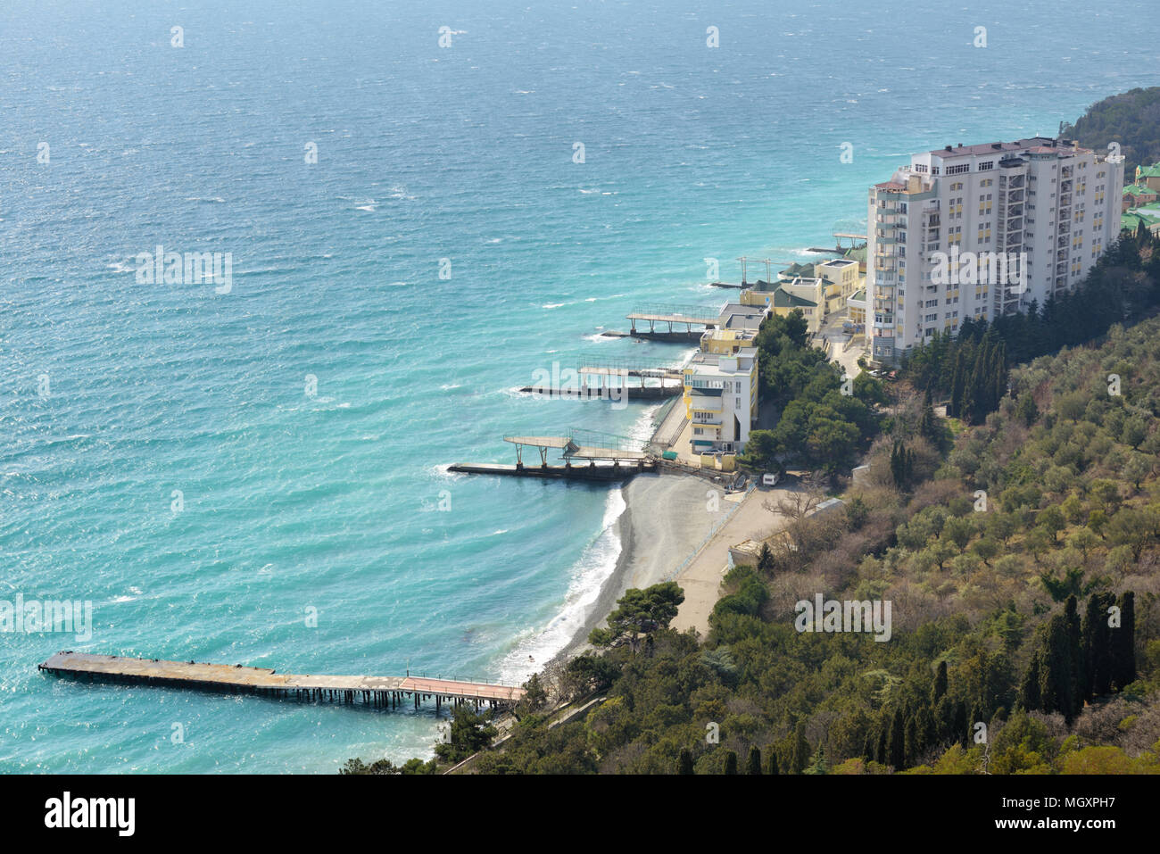 Immobilien an der Küste des Schwarzen Meeres in der Republik Krim, Ukraine Stockfoto
