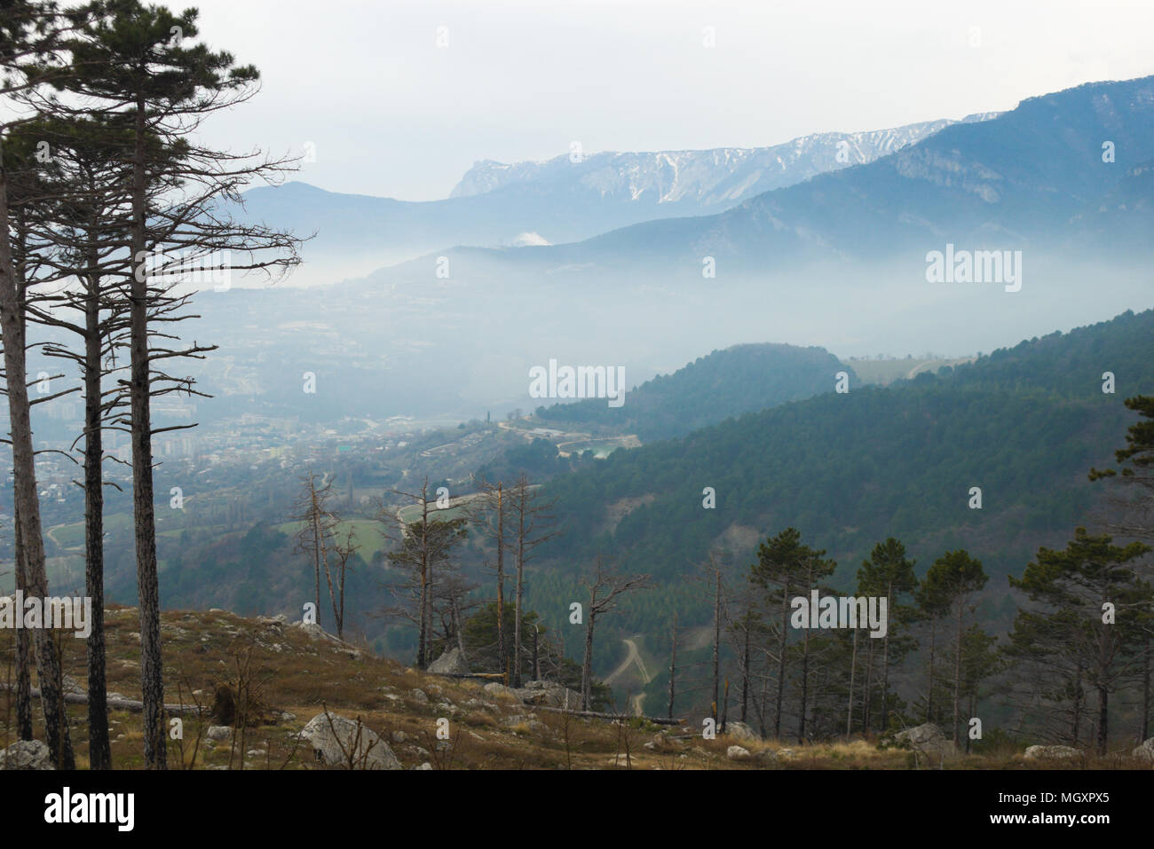 Luftaufnahme zu Nebelgebirgsketten in Krim, Ukraine Stockfoto