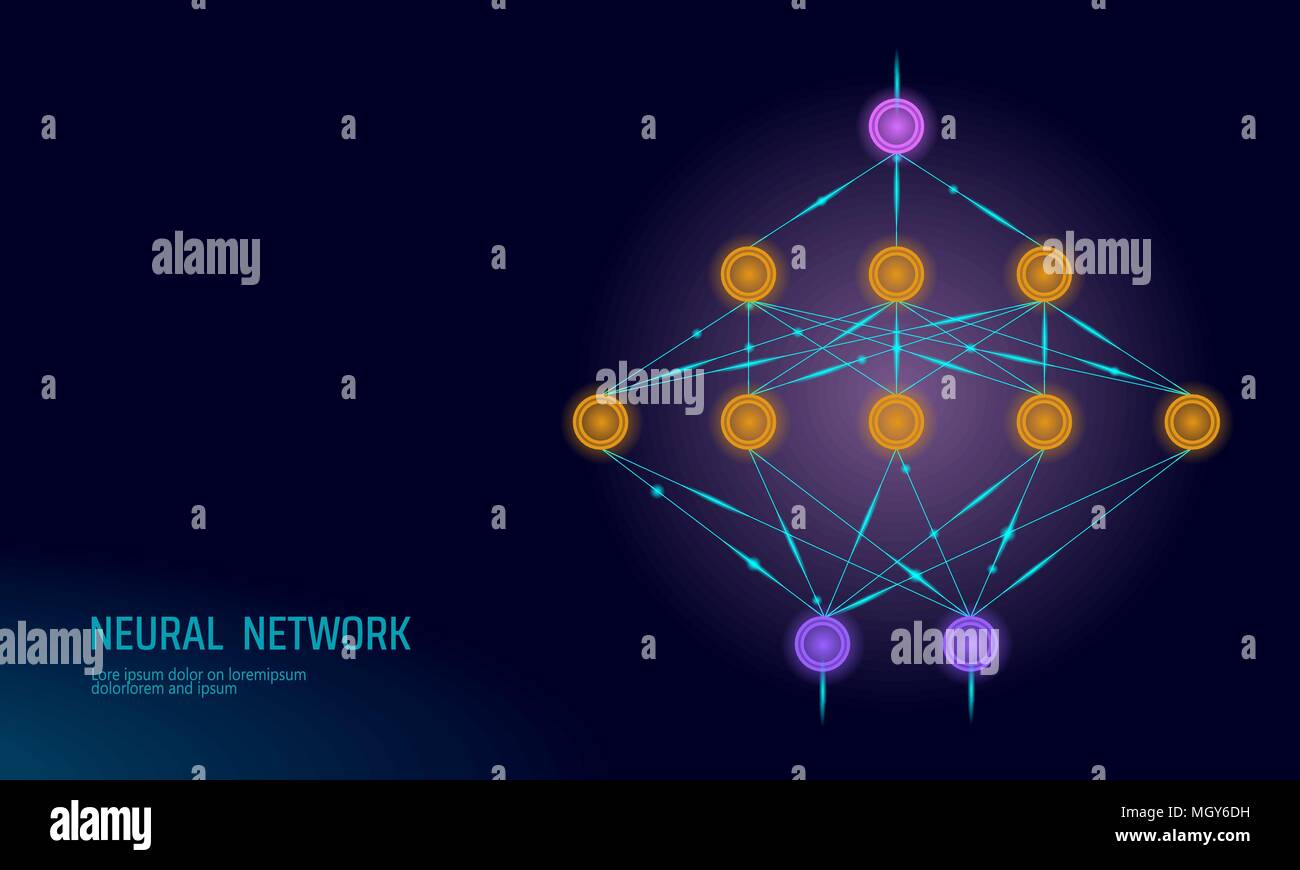 Neuronales Netz. Neuron-Netzwerk. Vertieftes Lernen. Kognitive Konzept. Logische künstliche Intelligenz speicher Prozessor Mathematik. Violett neon Farbe gold gelb leuchtenden Vector Illustration Stock Vektor