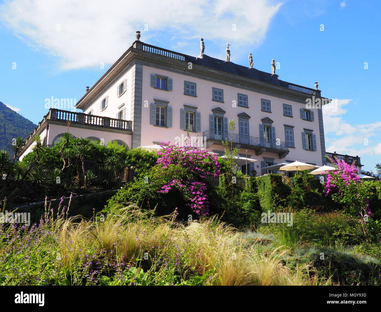 Historische Gebäude und Schönheit lila Blumen, exotische Pflanzen in  Brissago Insel Landschaft in der Nähe von in der Schweiz Stockfotografie -  Alamy