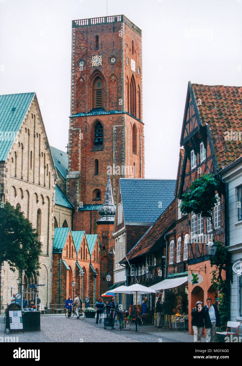 RIBE Dänemark Südwesten Jütlands älteste Stadt in Dänemark Gegründet in den frühen achten Jahrhundert, der Turm der Kathedrale 45 m wurde als Watch t buildt Stockfoto