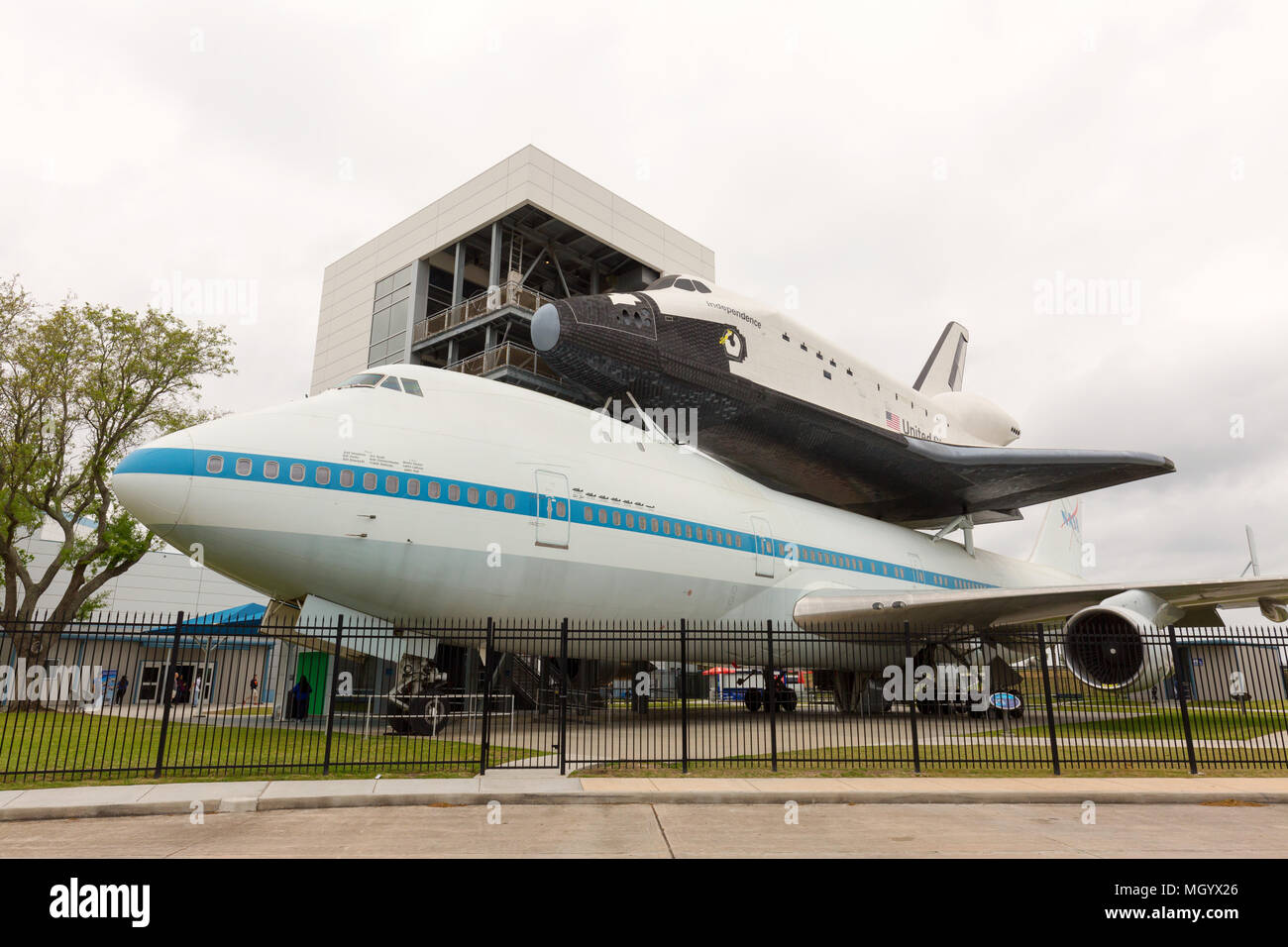 Das Space Shuttle "Unabhängigkeit" auf einer Boeing 747; Johnson Space Center der NASA, Houston, Texas USA montiert Stockfoto