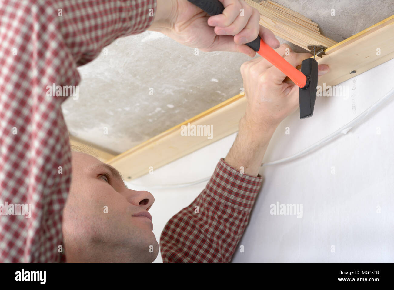 Auftragnehmer Installation holzpaneele an der Decke Stockfoto