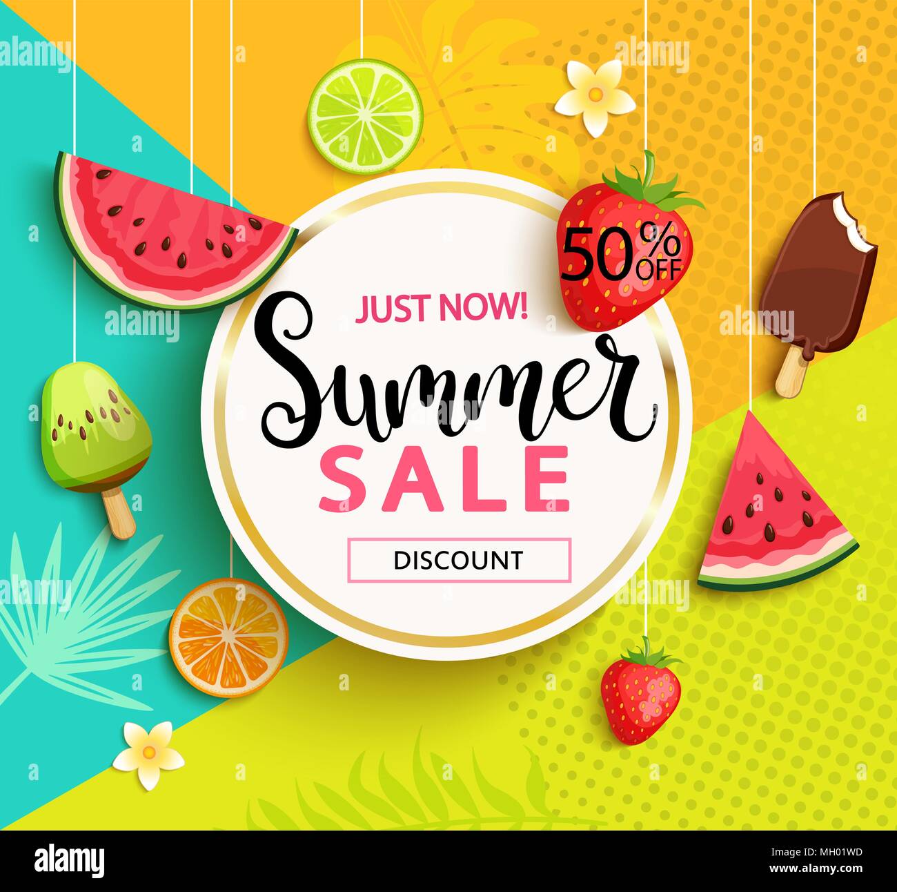 Sommer geometrische Verkauf mit Früchten. Vector Illustration. Stock Vektor
