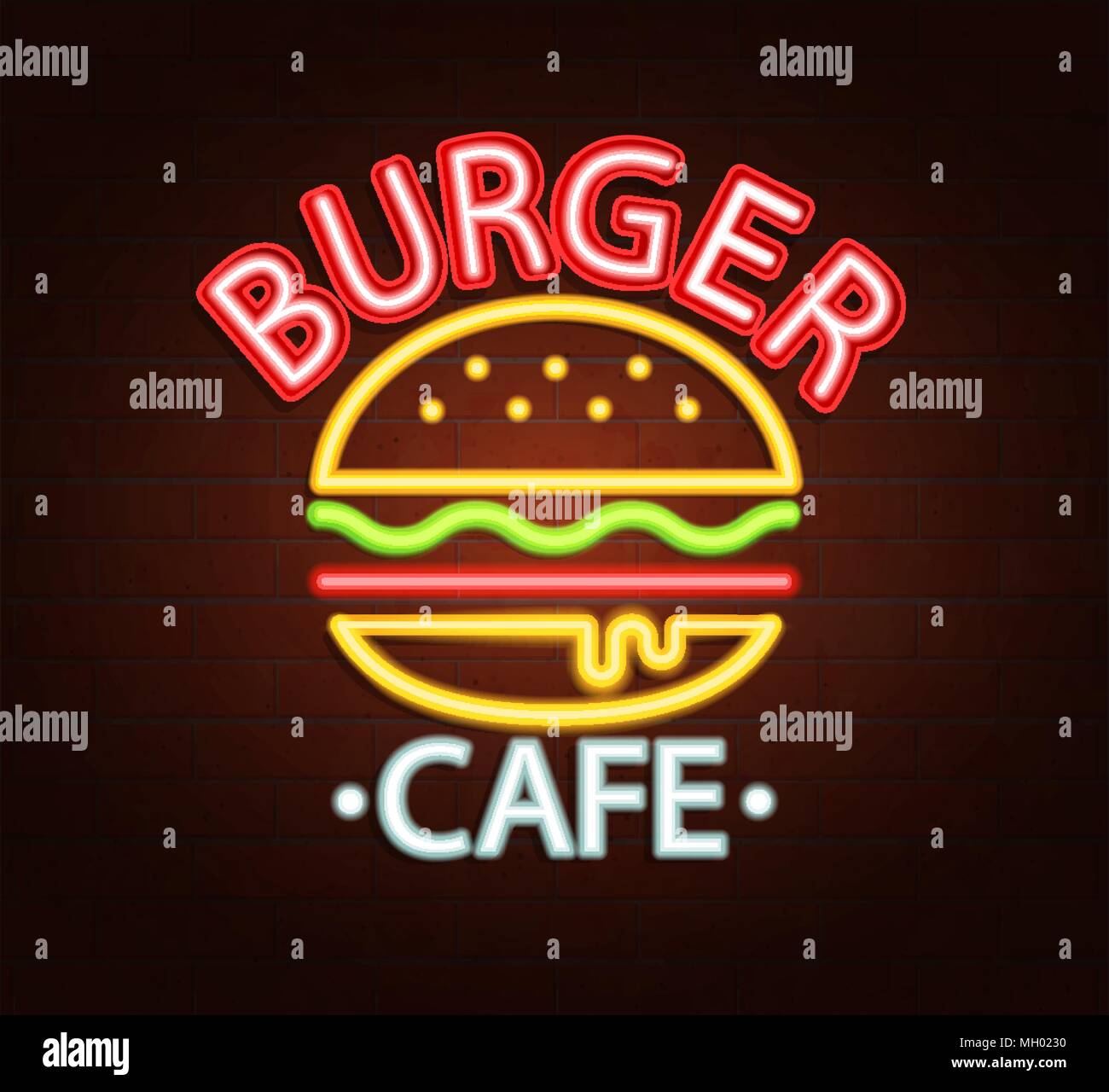Neon Zeichen der Burger Cafe, helle Namensschild, leichte Banner. Burger Cafe Logo, Emblem und Symbol. Vector Illustration. Stock Vektor