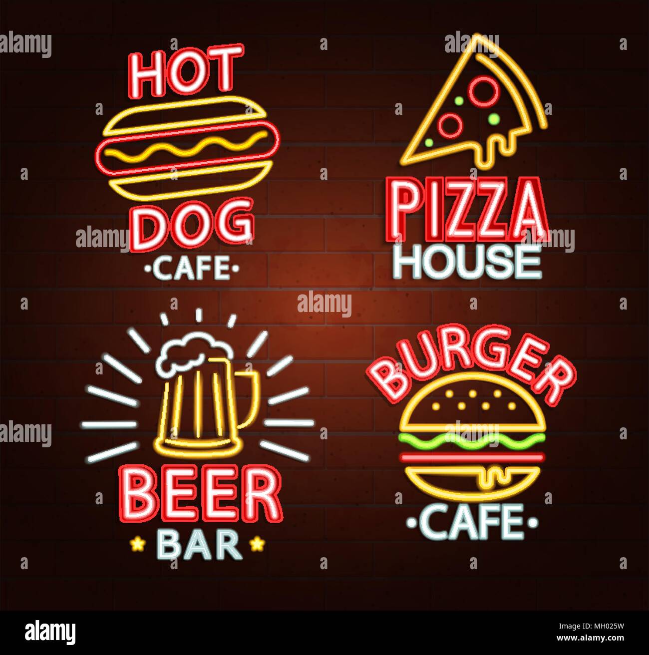 Eingestellt von Leuchtreklamen Bier Bar, Hot Dog Cafe, Pizza, Burger Cafe helle Namensschild, leichte Banner. Neon Logos, Embleme und Symbole. Vektor. Stock Vektor