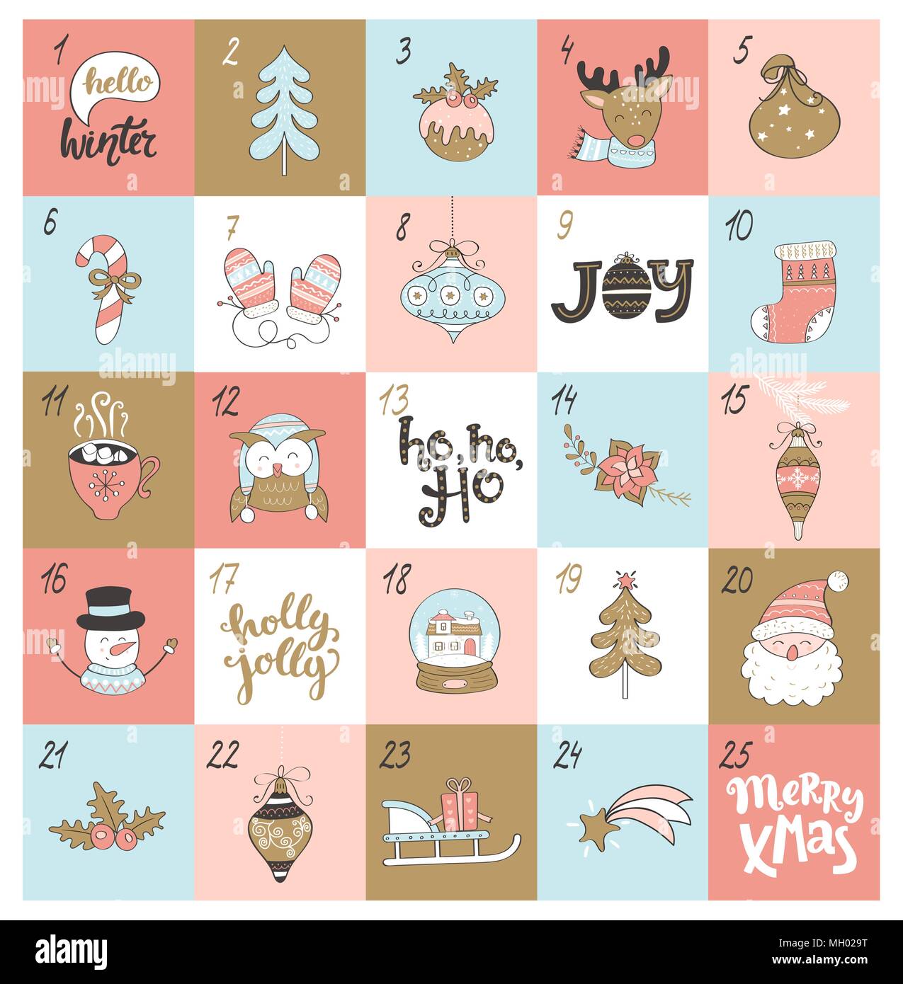 Weihnachten Adventskalender mit verschiedenen weihnachtlichen Symbole. Vector Illustration. Stock Vektor