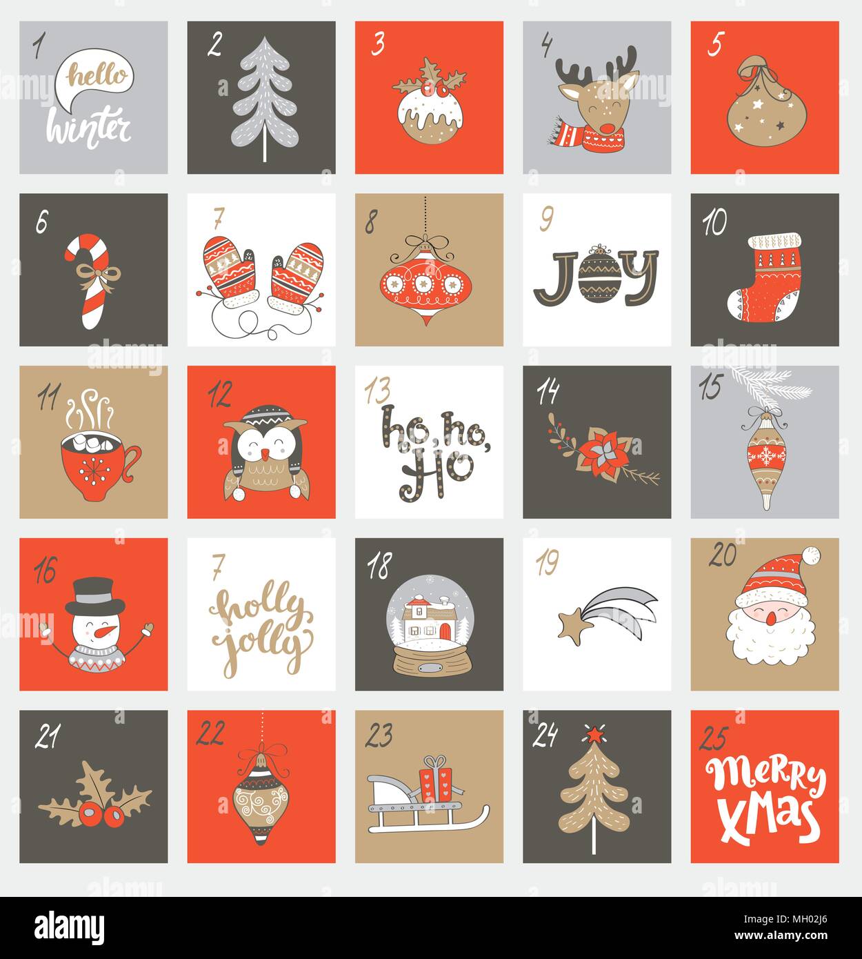 Weihnachten Adventskalender mit verschiedenen Weihnachten Symbole für Ihr Design. Vector Illustration. Stock Vektor