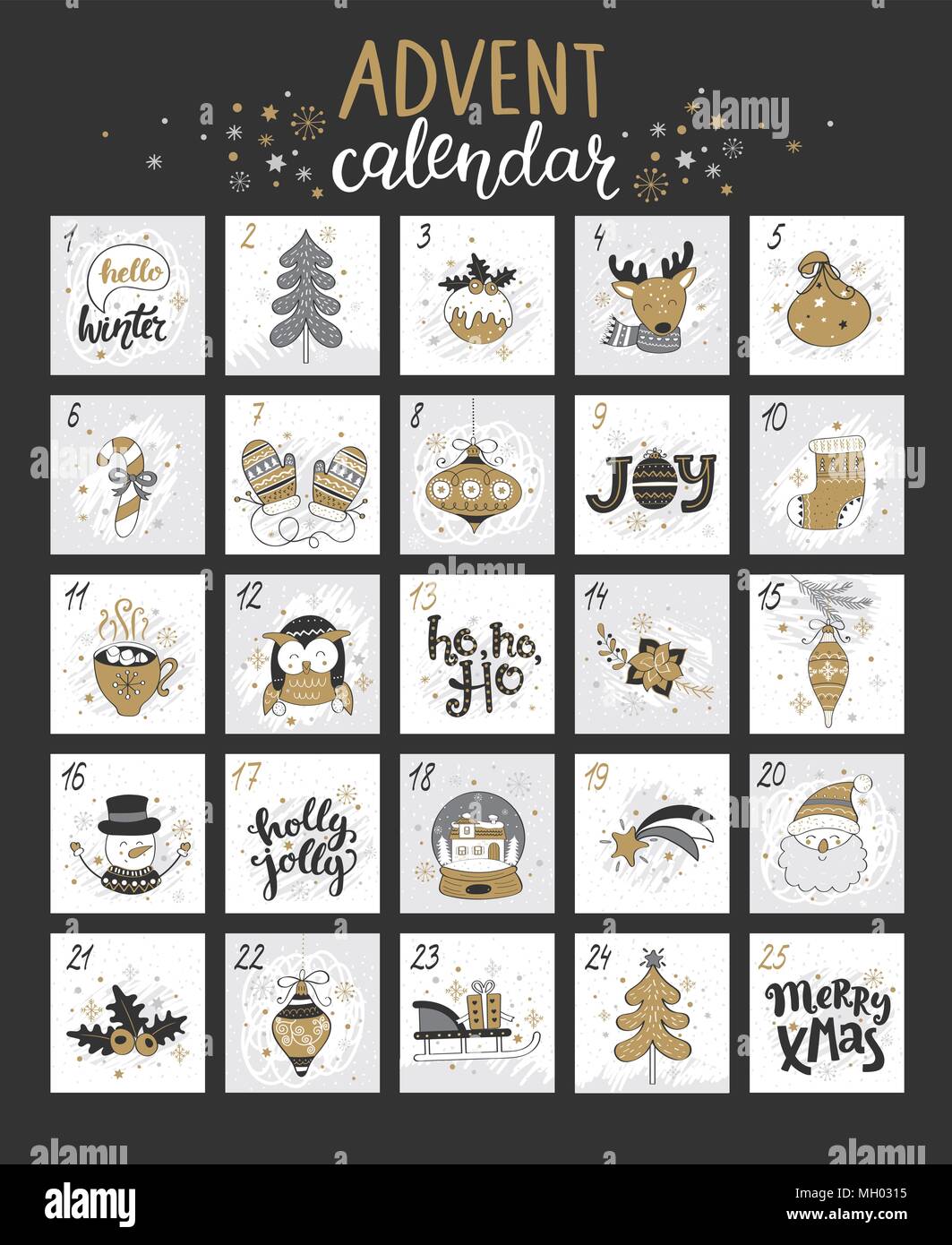 Frohe Weihnachten Adventskalender mit verschiedenen Weihnachten Symbole für Ihr Design. Vector Illustration. Stock Vektor