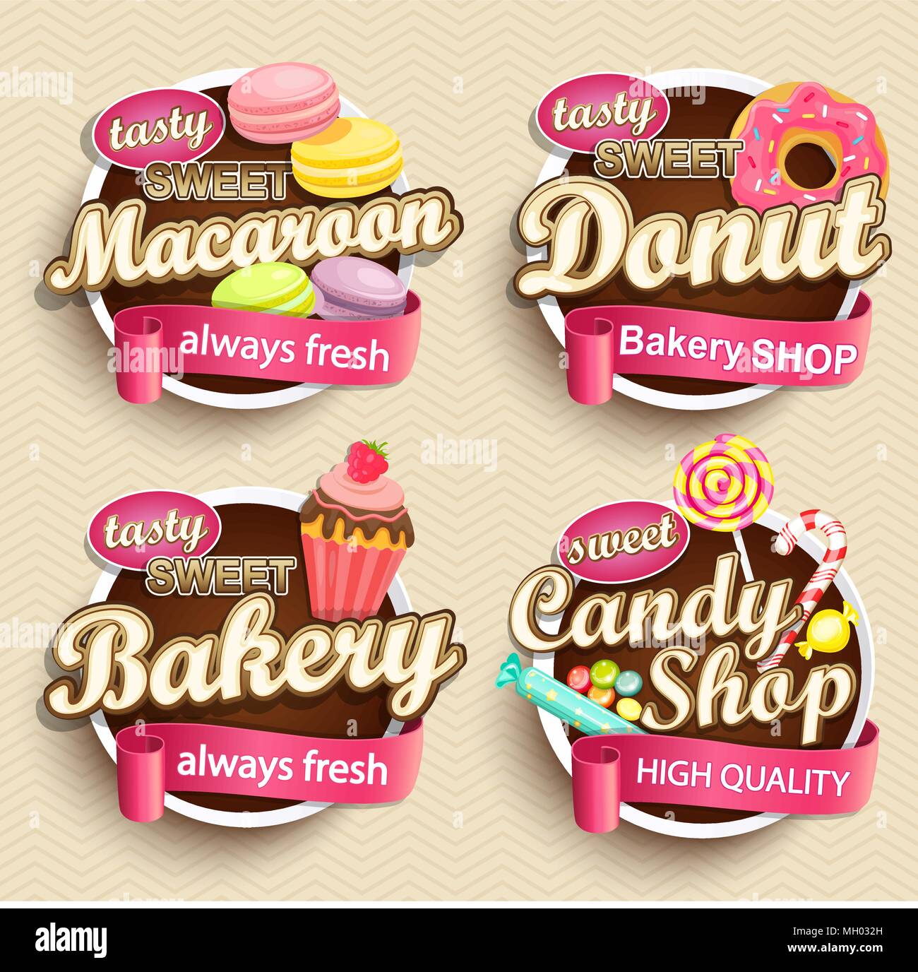 Satz von Essen Etiketten oder Aufklebern - Makronen, Donut, Bäckerei, Candy shop-Design Vorlage. Vector Illustration. Stock Vektor