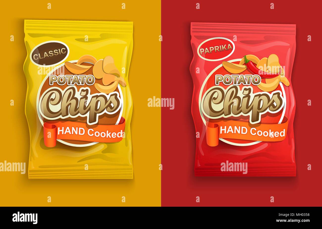 Satz von zwei Verpackungen mit Chips, klassisch und mit Paprika. Vector Illustration. Stock Vektor