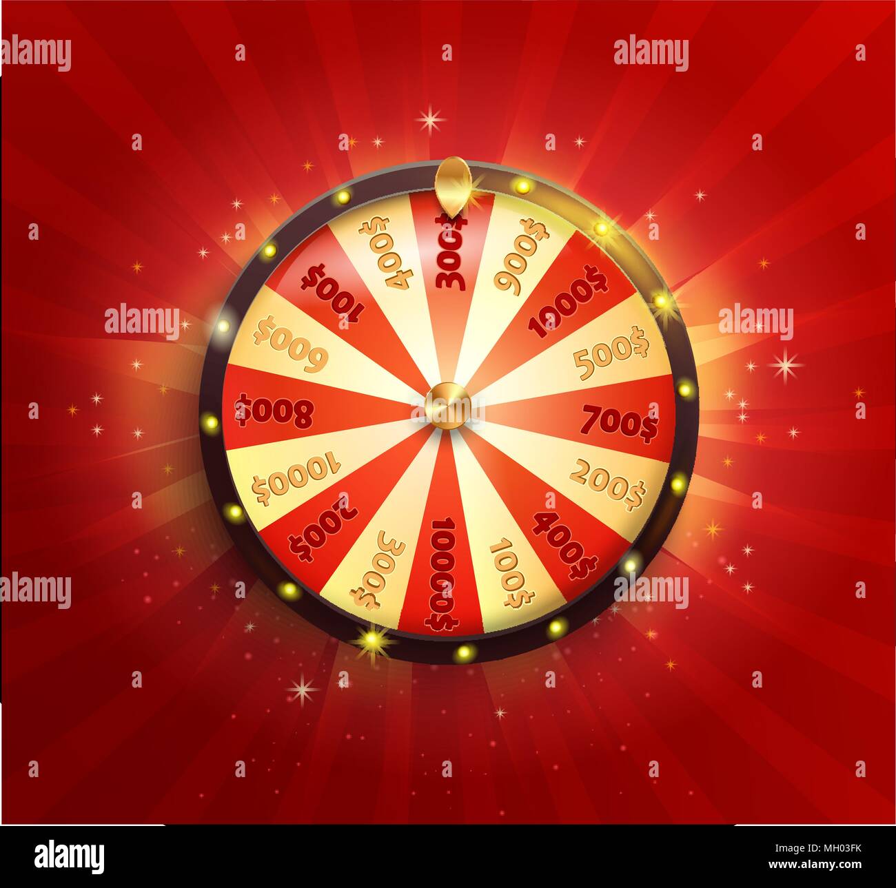 Symbol für die Spinnerei fortune Wheel in realistischen Stil. Glänzend lucky Roulette für Ihr Design auf rot glühenden sunburst Hintergrund. Vector Illustration. Stock Vektor