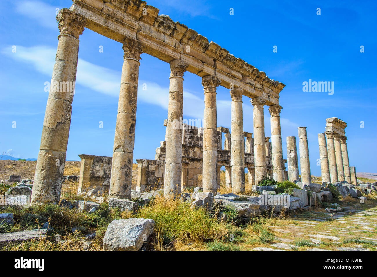 Große Kolonnade in Apamea, die wichtigsten colonnaded Straße der alten Stadt von Apamea in der Orontes Tal im Nordwesten von Syrien. Stockfoto