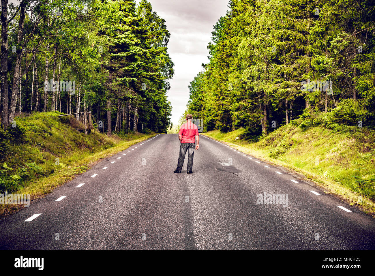 Mann in einem roten T-Shirt, eine Asphaltstraße in einem grünen Wald im Sommer Stockfoto