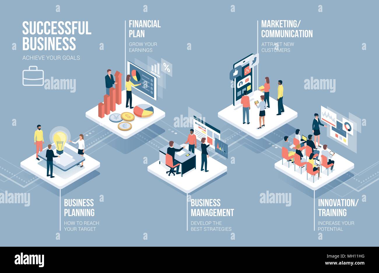 Wirtschaft und Technologie Infografik mit den Menschen gemeinsam an app Tasten und Business Konzepte Stock Vektor