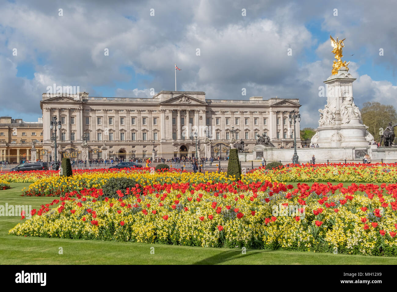 Bunte Betten der gelben und roten Blumen blühen vor dem Buckingham Palace an einem schönen Frühlingstag. Stockfoto