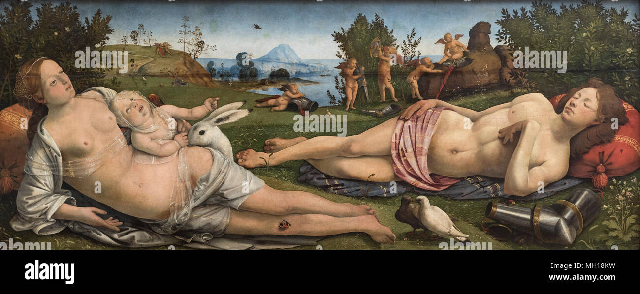 Piero di Cosimo (1461/62-1140), Venus, Mars und Amor, Ca. 1505. Venus, Mars und Amor. Stockfoto