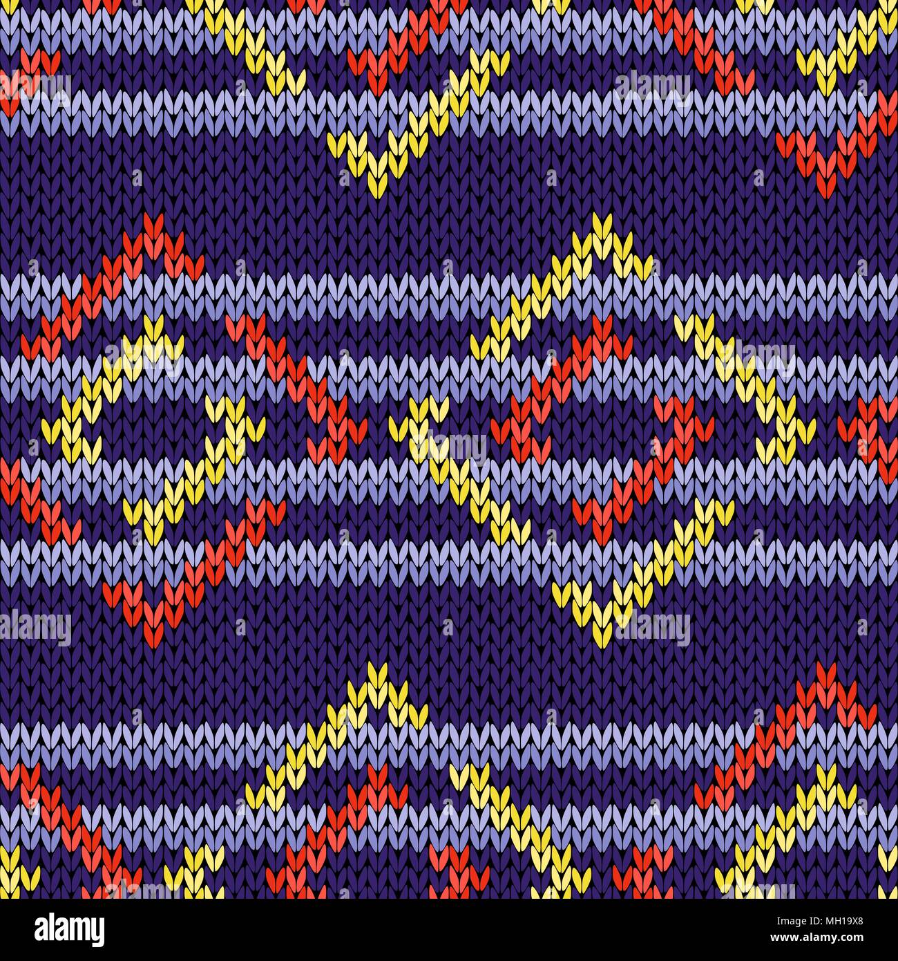 Parallel blaue Zeilen interlaced mit roten und gelben Quadrate auf der violette Hintergrund, nahtlose stricken vector Pattern als Stoff Textur Stock Vektor
