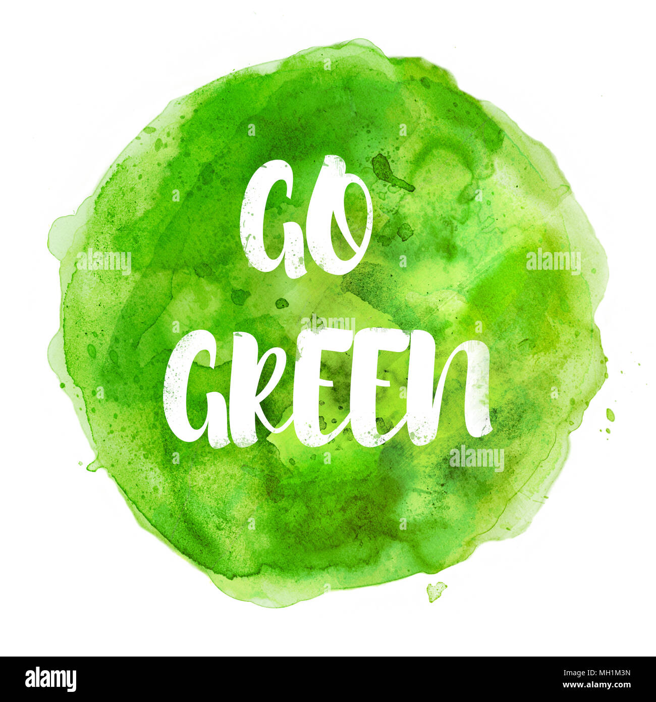 Grüner Text auf grünem Aquarell blot gehen Stockfoto