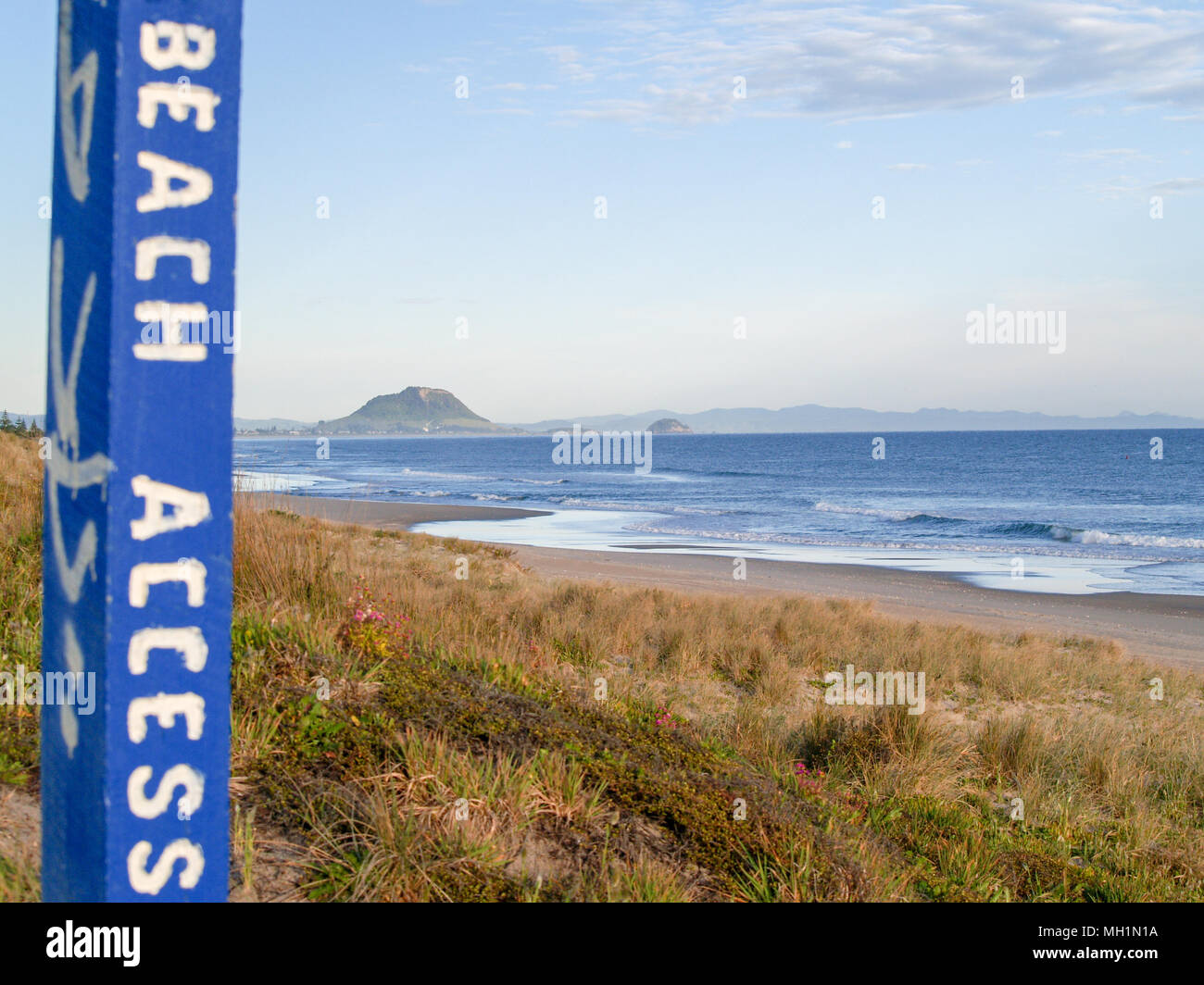 Die langen Küsten Strand mit Mt Maunganui im Abstand mit 'Beach'-Zeichen im Vordergrund Stockfoto