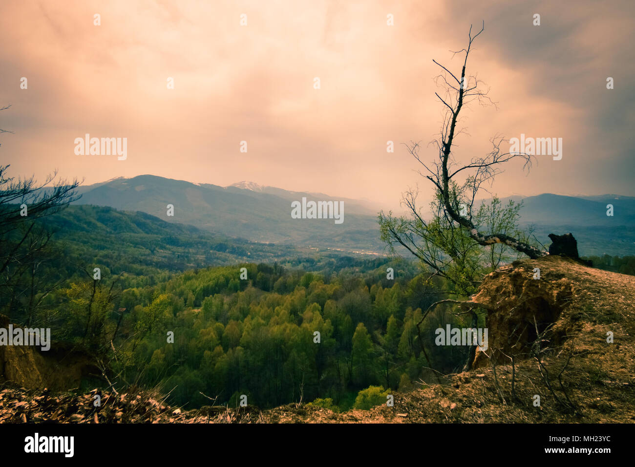 Friedliche Landschaft durch das Tal und auf den Bergen irgendwo in den Karpaten. Stockfoto