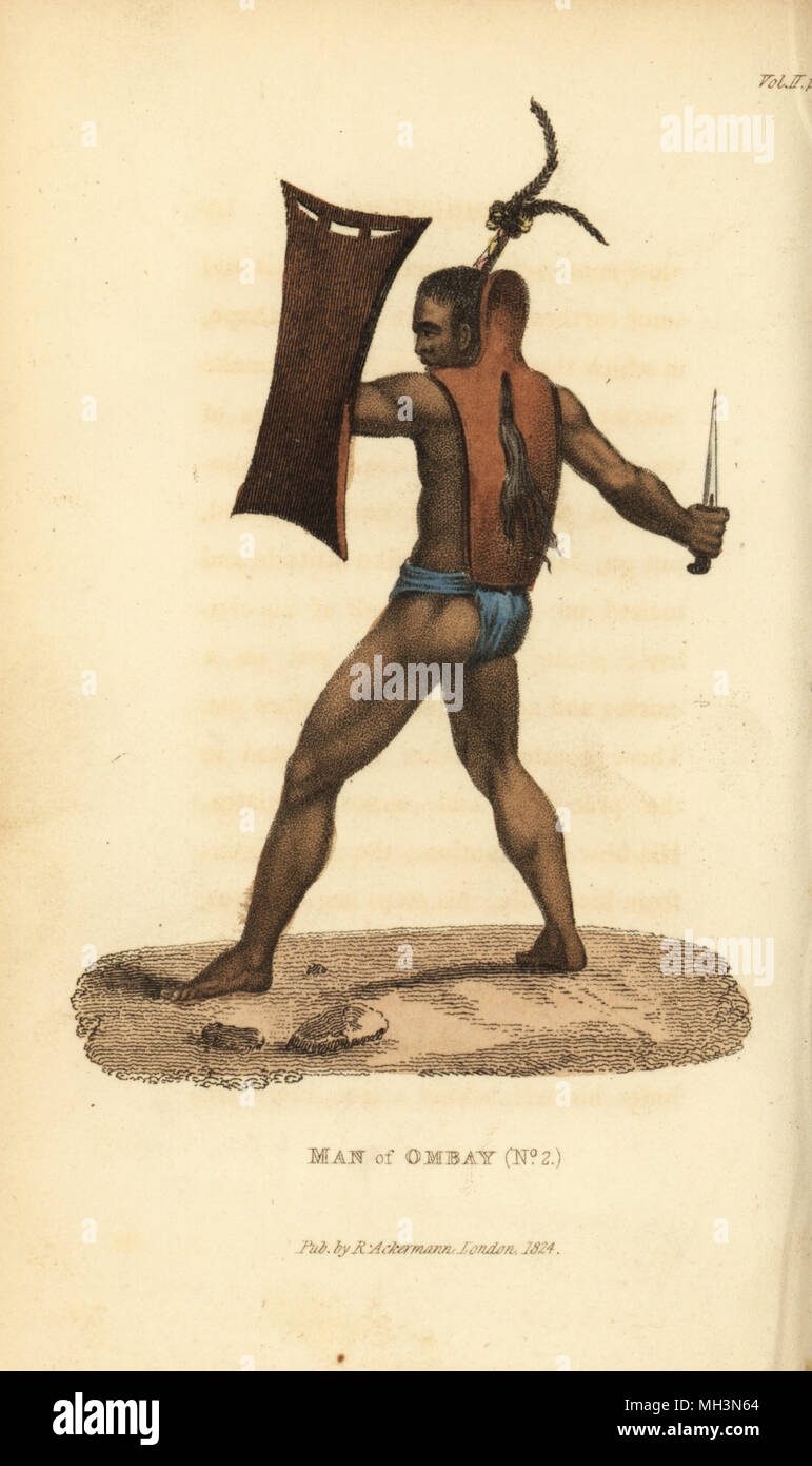 Krieger von Ombai mit Rüstung, Schild und Kris. Er trägt sein Haar in eine rauchwolke gebunden. Mann der Insel (Ombay Ombai), Indonesien. Papierkörbe Kupferstich nach einer Illustration von Jacques Arago von Frederic Shoberl der Welt in Miniatur: Der asiatische Inseln und New Holland, R. Ackermann, London, 1824. Stockfoto