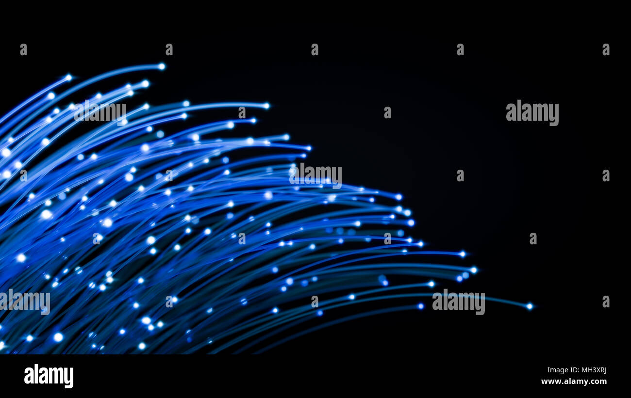 Leuchtende blaue Lichtwellenleiter in Dunkel. 3D-Darstellung Stockfoto