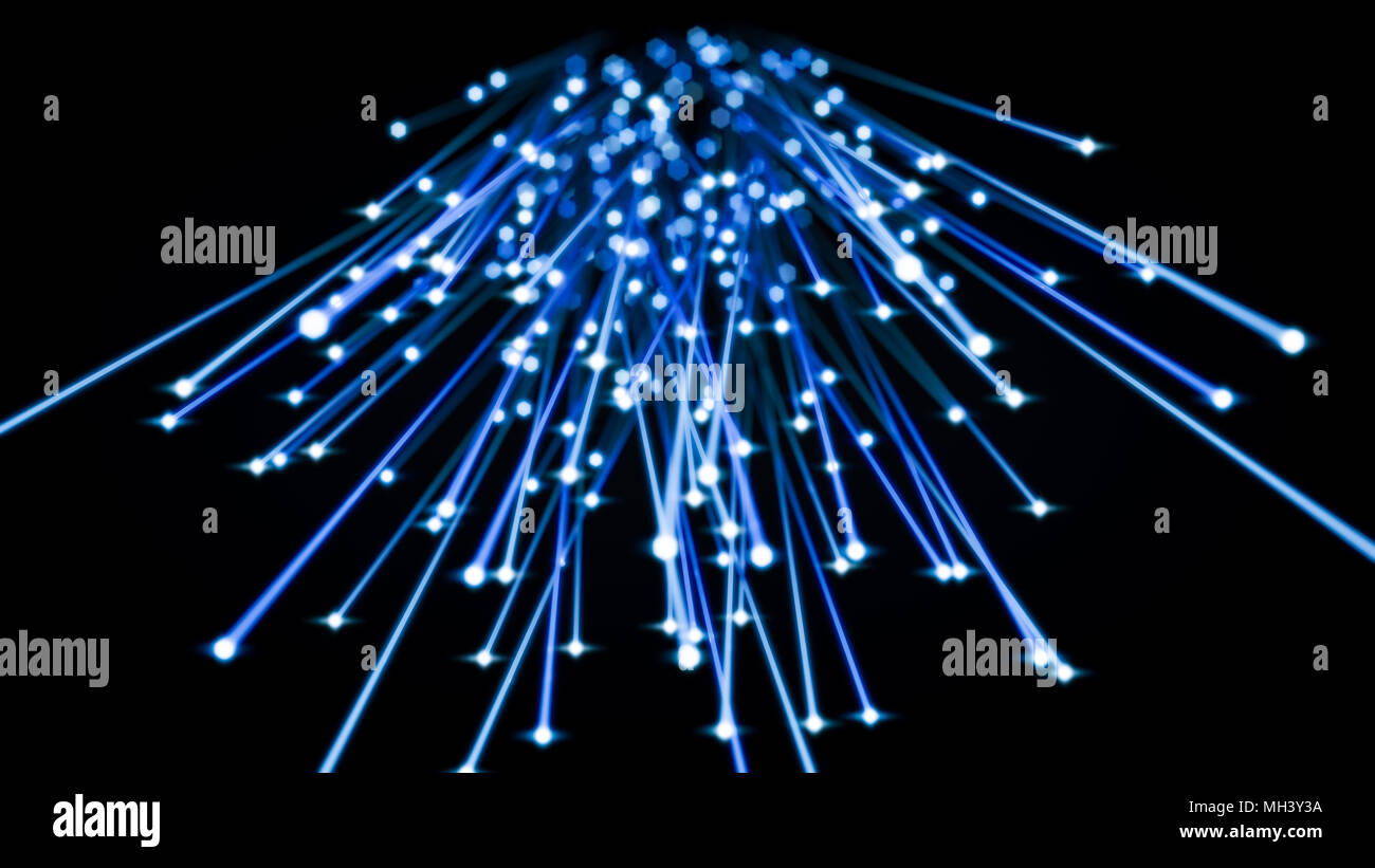 Leuchtende blaue Lichtwellenleiter in Dunkel. 3D-Darstellung Stockfoto