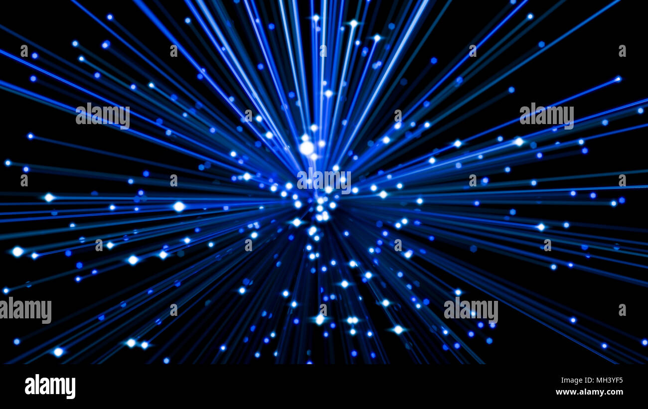 Leuchtende blaue Lichtwellenleiter in Dunkel. 3D-Darstellung Stockfoto