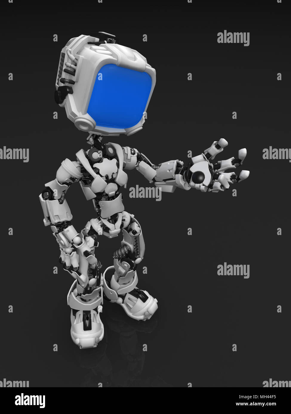 Kleine 3d-Roboter Abbildung, stehend auf eine reflektierende Oberfläche zu richten. Stockfoto