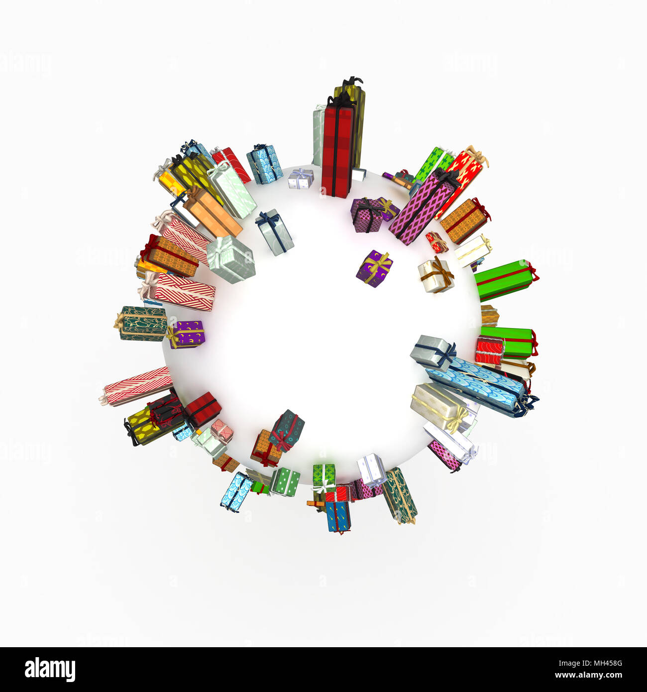 Zahlreiche verpackt Geschenkkarton 3d, isoliert, über Weiß Stockfoto