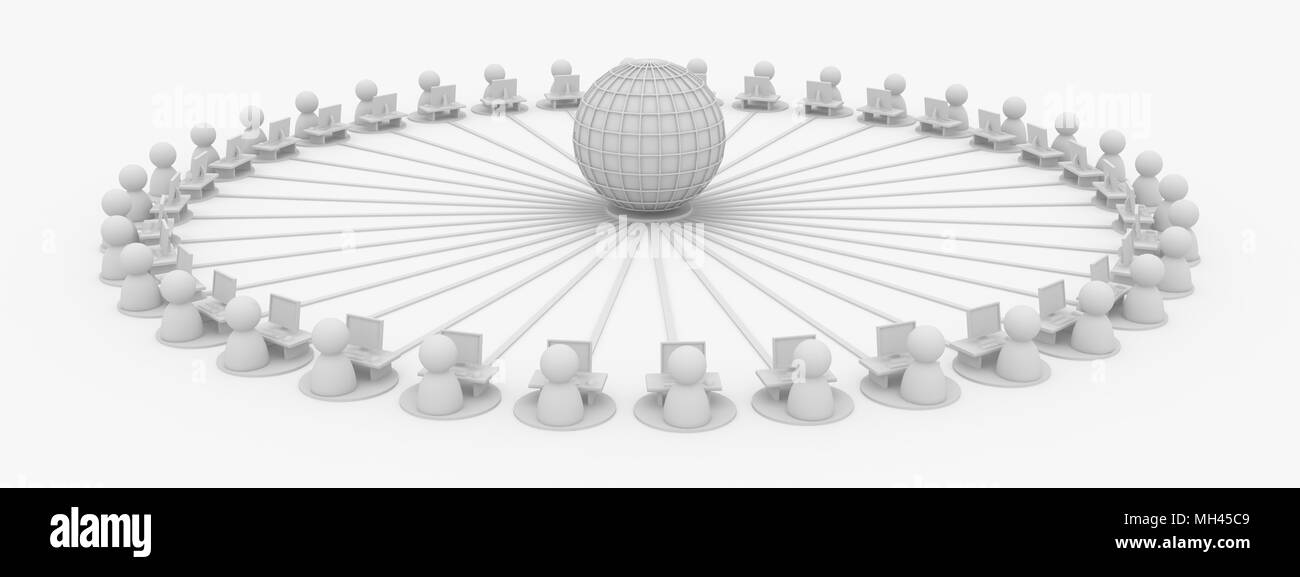 Masse von kleinen symbolischen 3D-Figuren, die mit dem Internet verbunden sind, isoliert Stockfoto