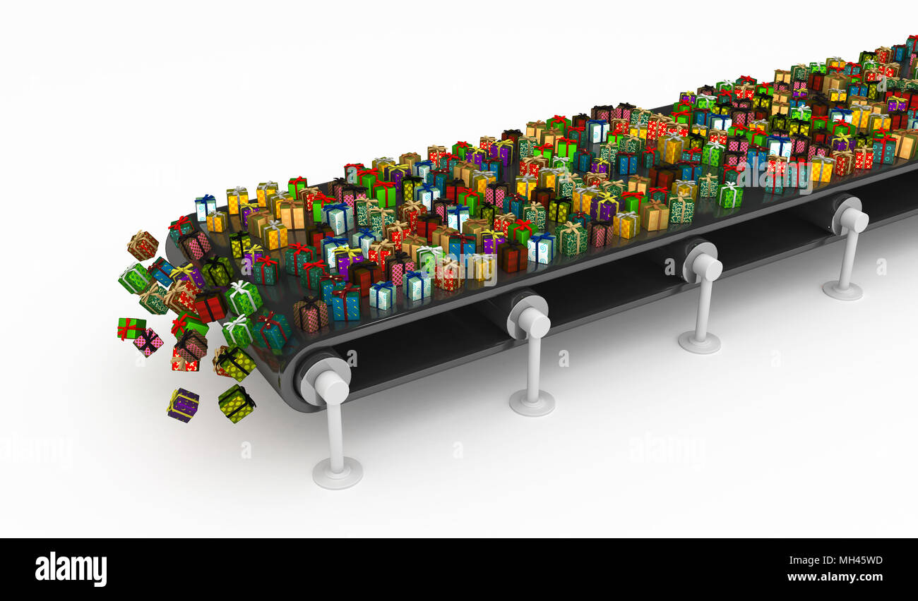 Zahlreiche verpackt Geschenkkarton 3d, isoliert, horizontal Stockfoto