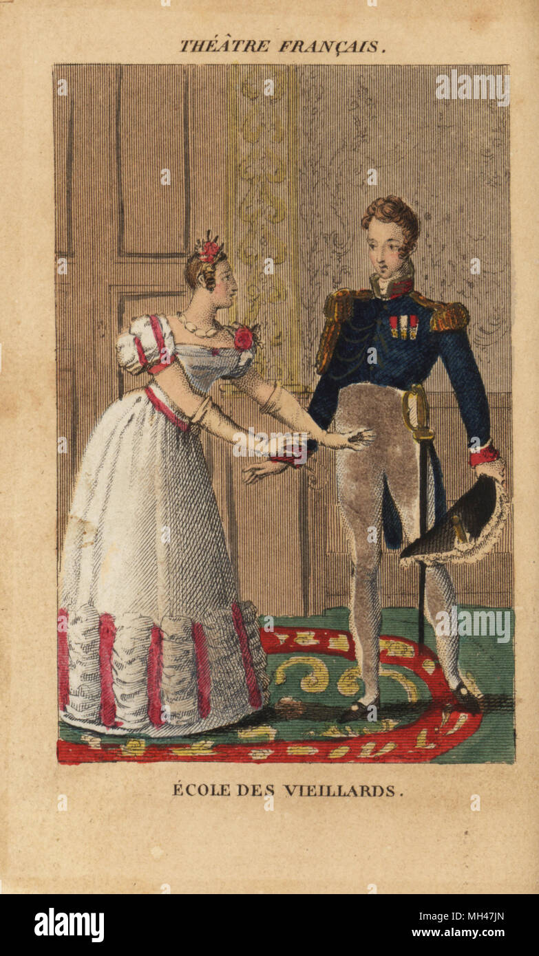 : Francois-Joseph Talma (Danville) und Mademoiselle Mars (Madame Danville) in Ecole des Vieillards von Casimir Delavigne an der Comedie Francais, 1823. Papierkörbe Kupferstich von Karls Malo Almanach des Brille parK.Y.Z, Chez Louis Janet, Paris, 1825. Stockfoto