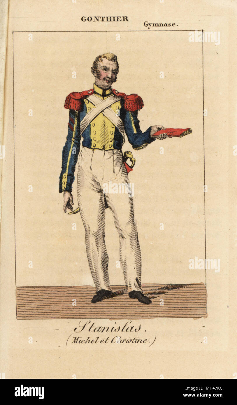 Französische Schauspieler Tonon Laval (1785-1841) als Stanislas in Michel et Christine von Eugene Scribe am Theatre du Gymnase, 1821. Papierkörbe Kupferstich von Karls Malo Almanach des Brille parK.Y.Z, Chez Louis Janet, Paris, 1823. Stockfoto