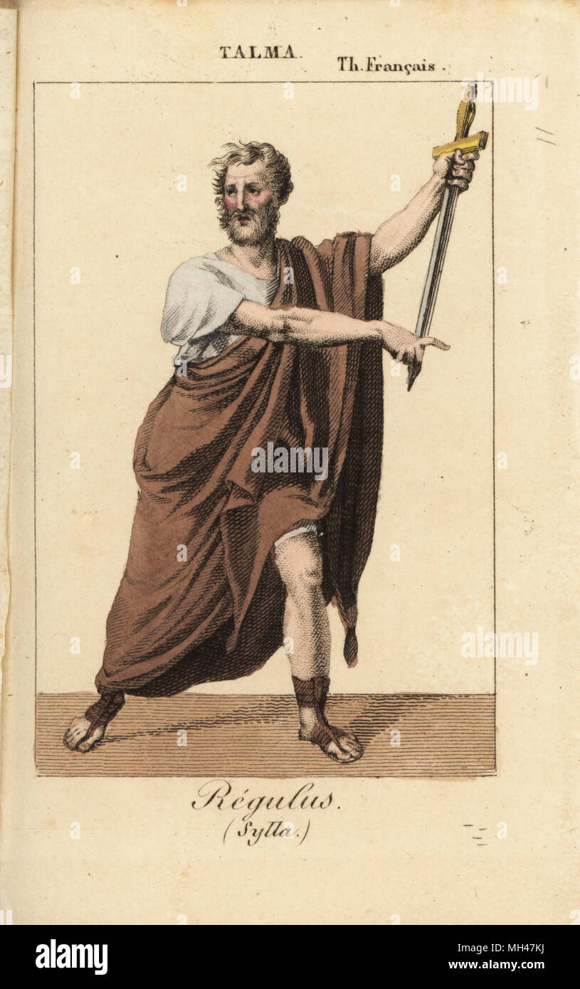 Französische Schauspieler: Francois-Joseph Talma (1763-1826) als Regulus in Sylla von Jouy am Theater Francais, 1822. Papierkörbe Kupferstich von Karls Malo Almanach des Brille parK.Y.Z, Chez Louis Janet, Paris, 1823. Stockfoto