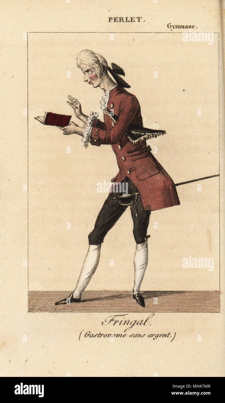 Französische Komiker Schauspieler Adrien Perlet (1795-1850) als Fringale in le Gastronome sans Argent von Eugene Scribe am Theatre du Gymnase, 1821. Papierkörbe Kupferstich von Karls Malo Almanach des Brille parK.Y.Z, Chez Louis Janet, Paris, 1822. Stockfoto