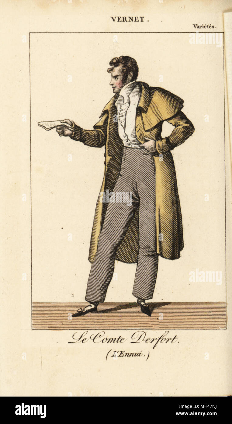 Französische Schauspieler Charles Edme Vernet (1789-1848) als le Comte Derfort in L'Ennui an der Sorten. Papierkörbe Kupferstich von Karls Malo Almanach des Brille parK.Y.Z, Chez Louis Janet, Paris, 1821. Stockfoto
