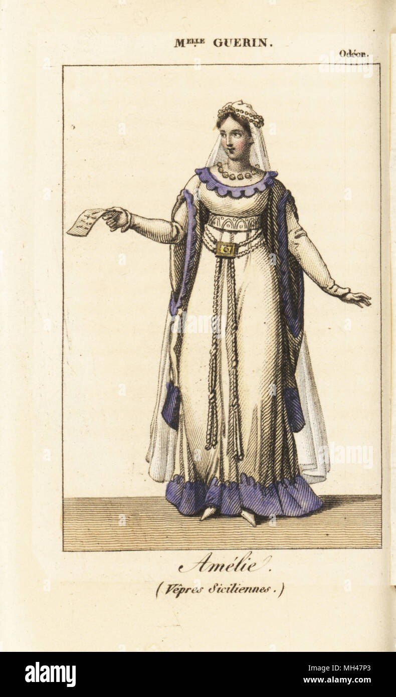 Die französische Schauspielerin Mlle. Guerin als Amelie in der Tragödie Vepres Siciliennes von Casimir Delavigne im Odeon, 1819. Stockfoto