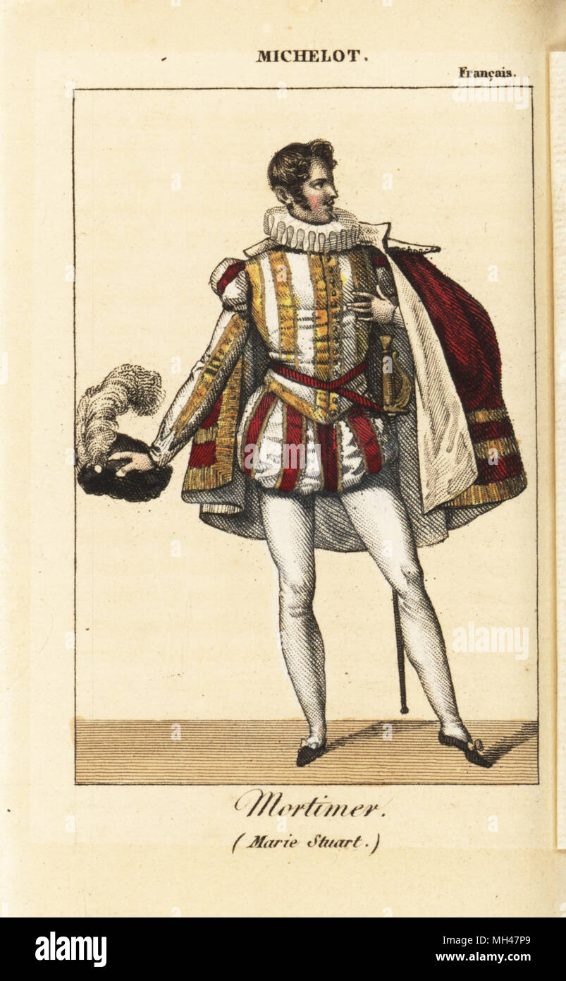 Französische Schauspieler Pierre-Marie-Nicolas Michelot (1786-1856) als Mortimer in Maria Stuart von Friedrich von Schiller an der Comedie Francais, 1820. Papierkörbe Kupferstich von Karls Malo Almanach des Brille parK.Y.Z, Chez Louis Janet, Paris, 1821. Stockfoto
