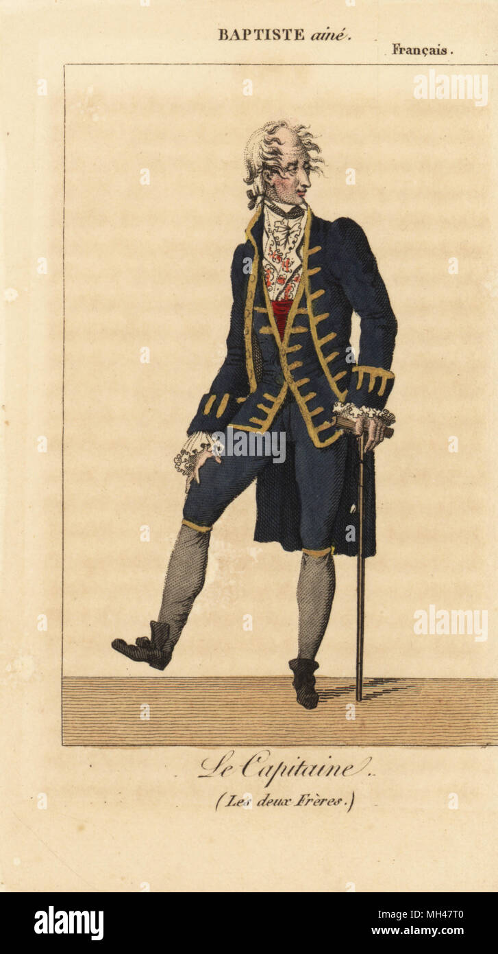 Französische Schauspieler Nicolas-Baptiste Anselme oder Baptiste aine (1761-1835) als Le Capitaine in Les Deux Freres an der Comedie Francais. Papierkörbe Kupferstich von Karls Malo Almanach des Brille parK.Y.Z, Chez Louis Janet, Paris, 1820. Stockfoto