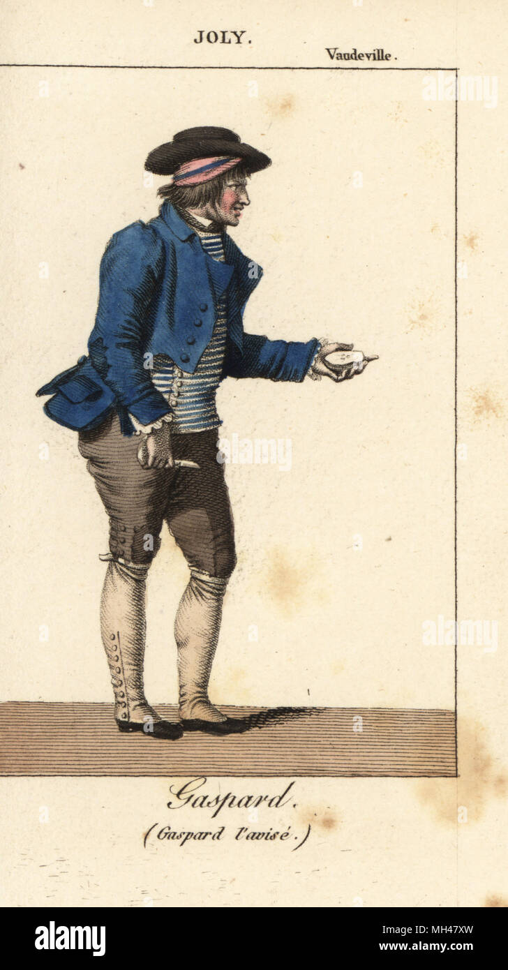 Schauspieler Joly oder Adrien Jean Baptiste Mussat (1776-1839) als Gaspard in Gaspard l'avise von Jean-Baptiste Radet am Theatre du Vaudeville. Papierkörbe Kupferstich von Almanach des Brille par K. et Z, Charles Malo, Chez Janet, Paris, 1818 zugeschrieben. Stockfoto