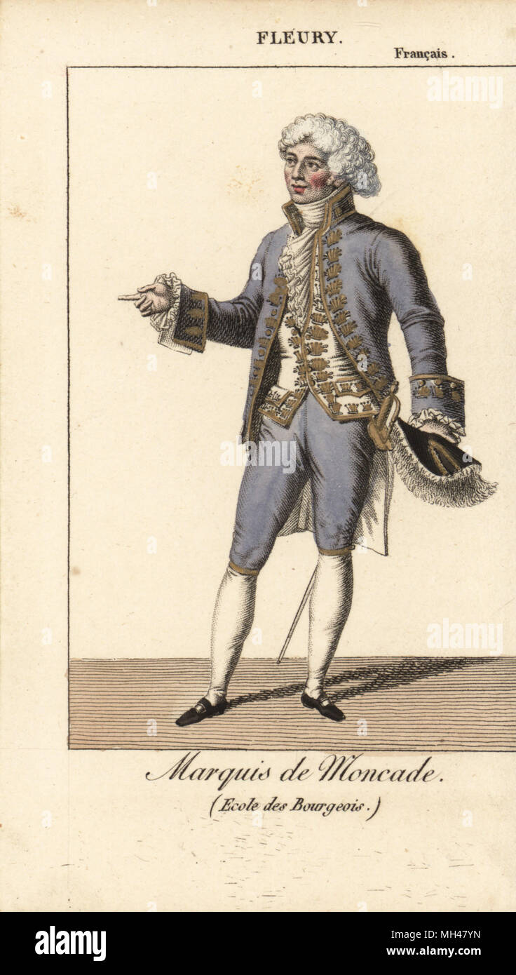 Der berühmte Komiker Fleury (Abraham-Joseph Benard) 1750-1822 als Marquis de Moncade in Ecole des Bürgerlichen durch Abbe d'Allainval am Theater Francais, Paris 1816. Papierkörbe Kupferstich von Karls Malo Almanach des Brille par K. et Z, Chez Janet, Paris, 1818. Stockfoto