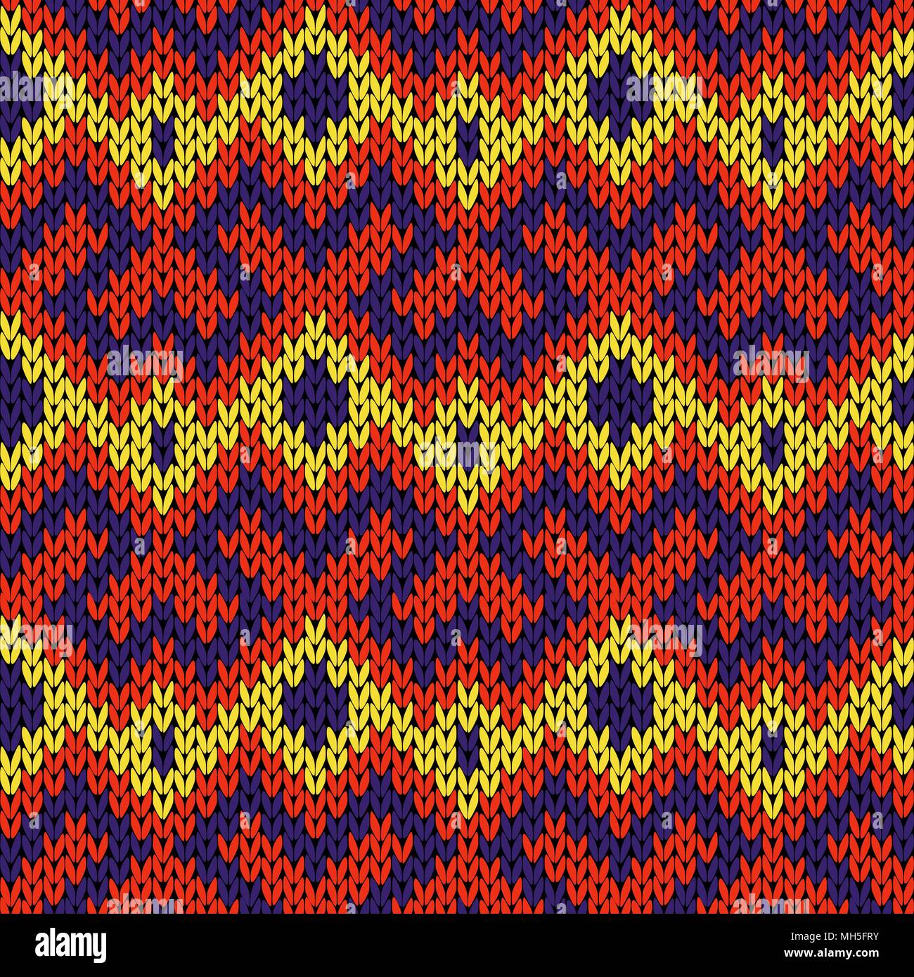 Gestrickte nahtlose Vektor kunstvolle Muster in gelb, rot und blau Farben als Stoff Textur Stock Vektor