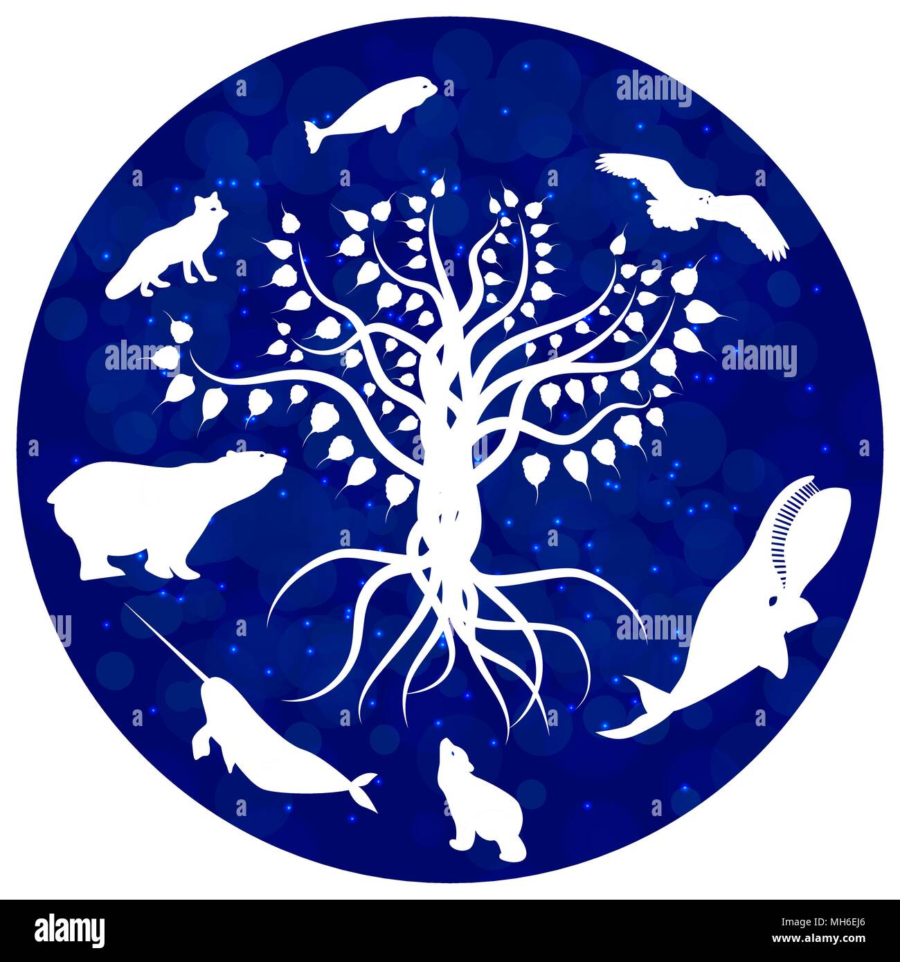 Internationaler Tag für biologische Vielfalt. Das Konzept der ökologischen Urlaub. Arktische Tiere und Baum, weiße Silhouetten. Blauer Kreis auf weißem zurück Stock Vektor